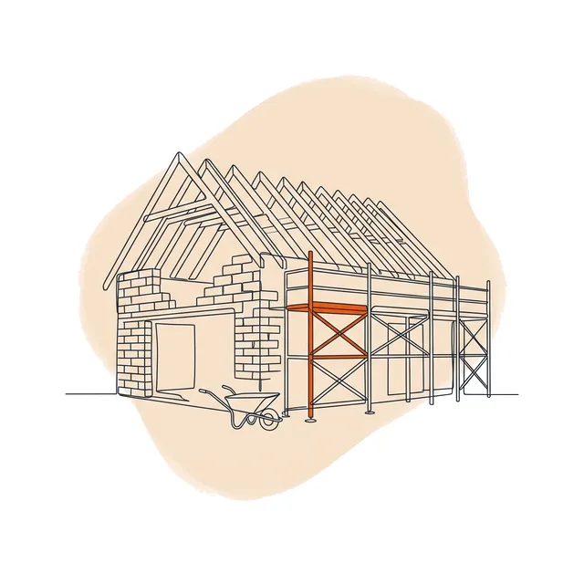 Maison en construction, murs montés, échafaudage le long de la façade
