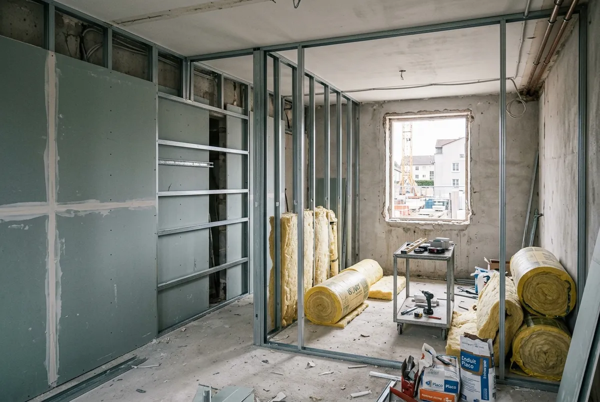 Cloisons en plaques de plâtre en cours de pose, rouleaux d’isolant au sol